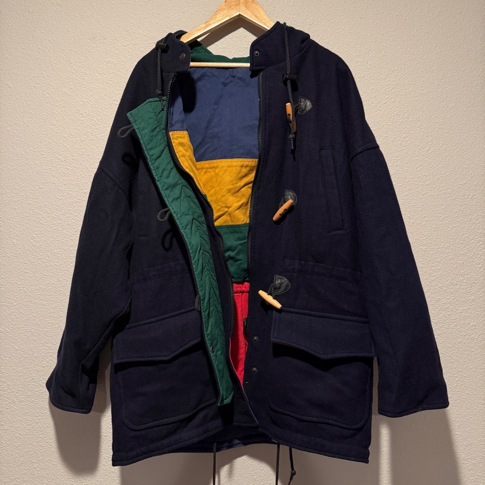 BRAEFAIR Wool Blend Duffle Coat Navy Blue Colorblock‎ Hooded Size L Reversible